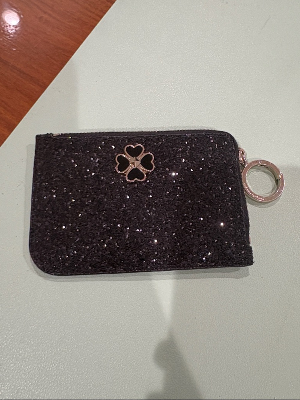 Kate Spade Black Glitter Card Case with Clover Emblem